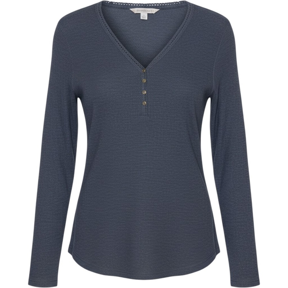 Eddie Bauer Henley Womens XL Navy Waffle Knit Thermal Crochet Trim Long Sleeve